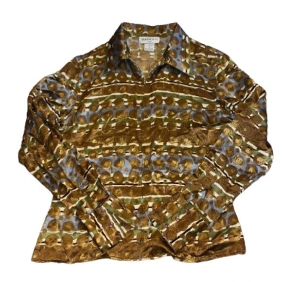 Sharagano Paris Geometric Long Sleeve Zip Front Silk Shirt Size S